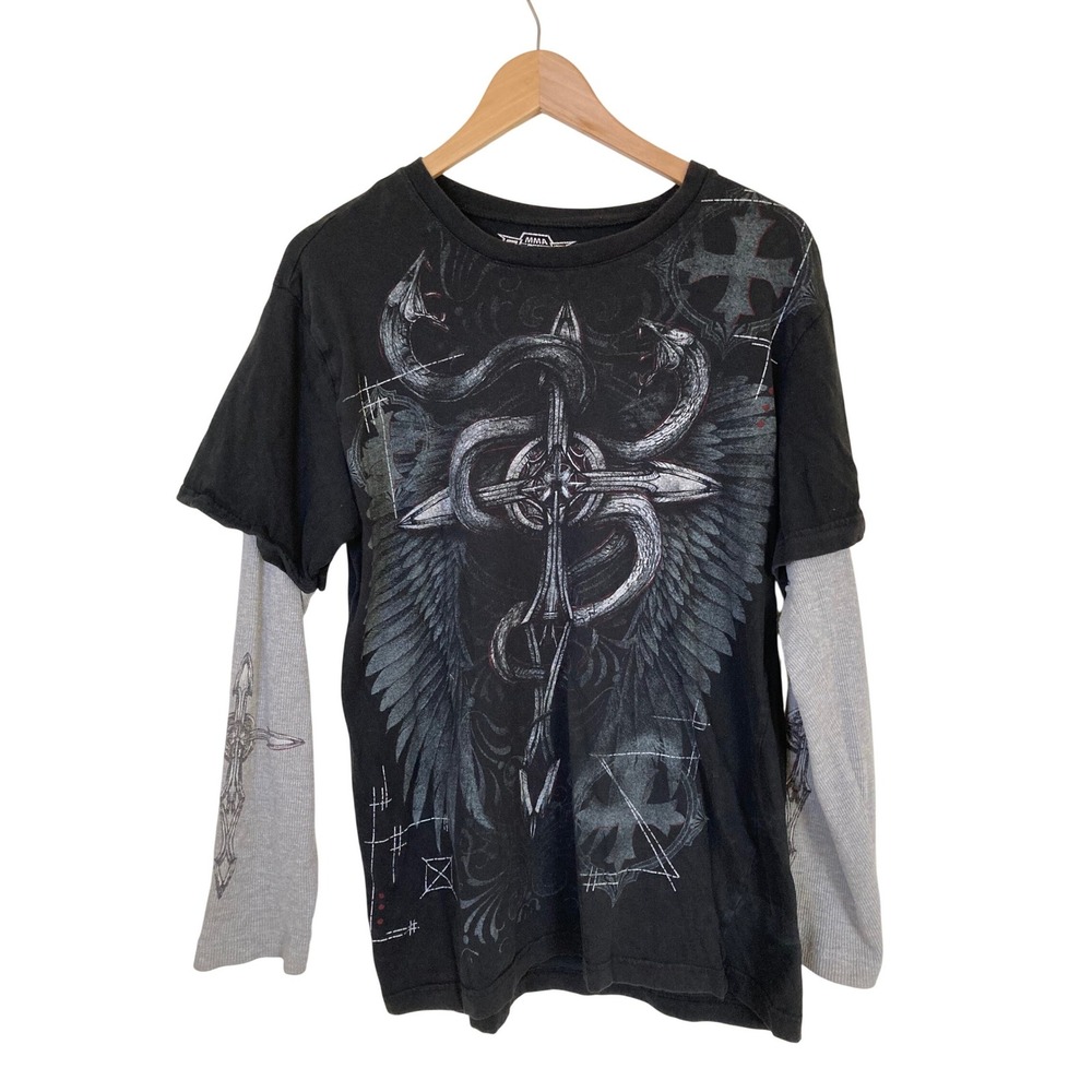 MMA Elite Mens Large Black‎ Grey Layered Graphic T-Shirt Cross Snake Thermal